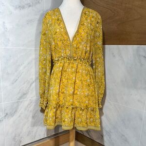 Max Studio Floral Mini Dress Yellow Chiffon Long Sleeve Ruffles V-Neck size L